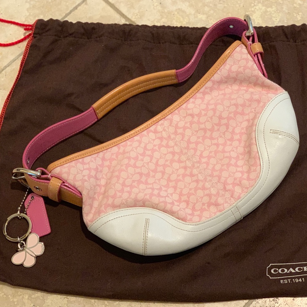 Hobo Pink and Creme White Leather Canvas Baguette